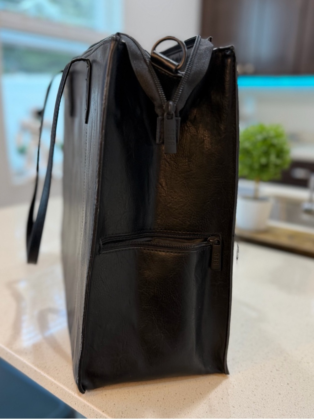 BÉIS Large Work Tote Black Vegan Leather Laptop Bag Travel w/ Organizer Insert - Picture 7 of 9